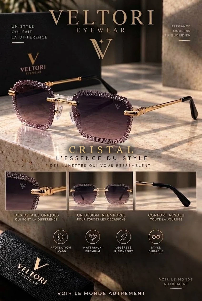 Affiche Veltori Cristal : lunettes sans monture aux verres violets bordés de cristaux taillés, branches dorées.